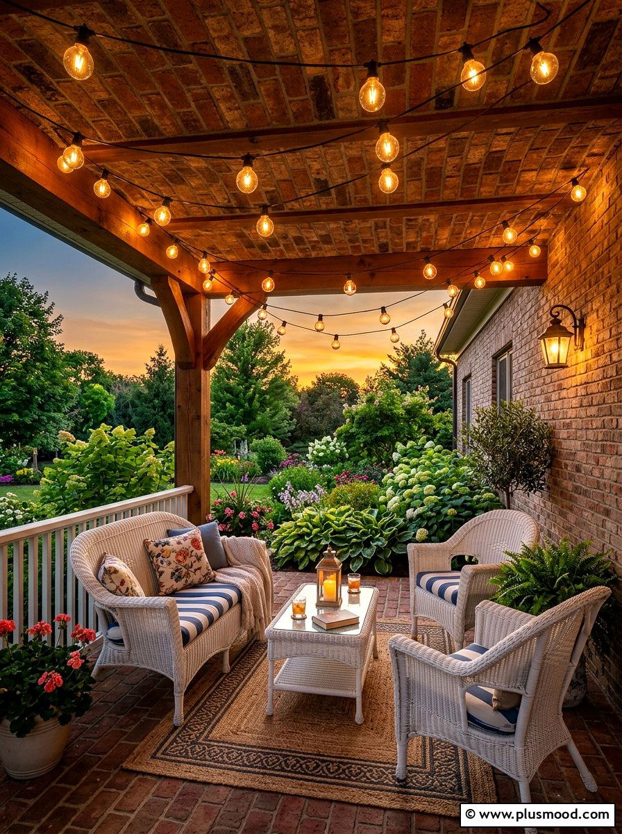 String lights for brick porch ceiling - 25 summer front porch decor ideas for brick house