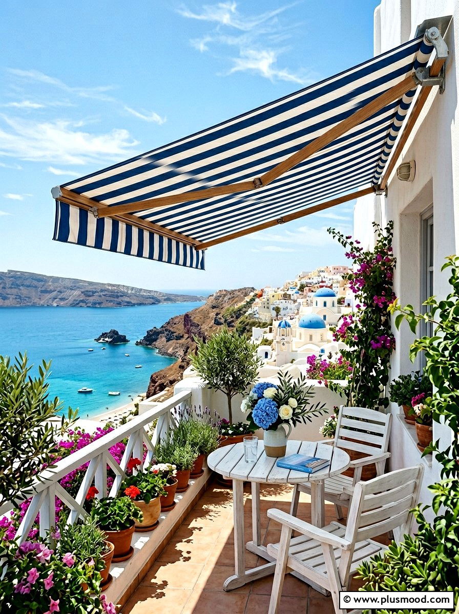 Striped Awning Shade - 25 summer balcony breakfast nook ideas