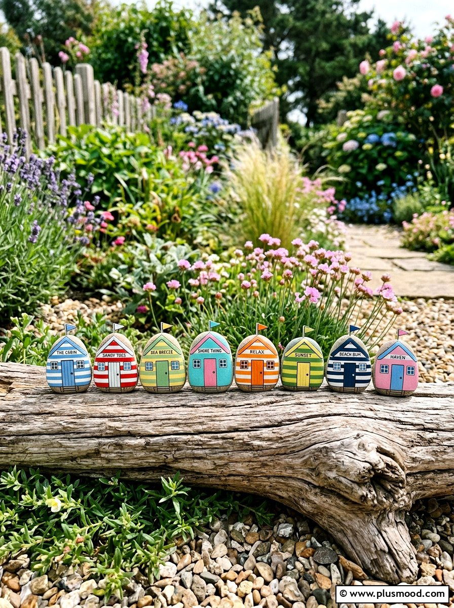 Striped Beach Hut - 25 painted rock ideas with beach theme