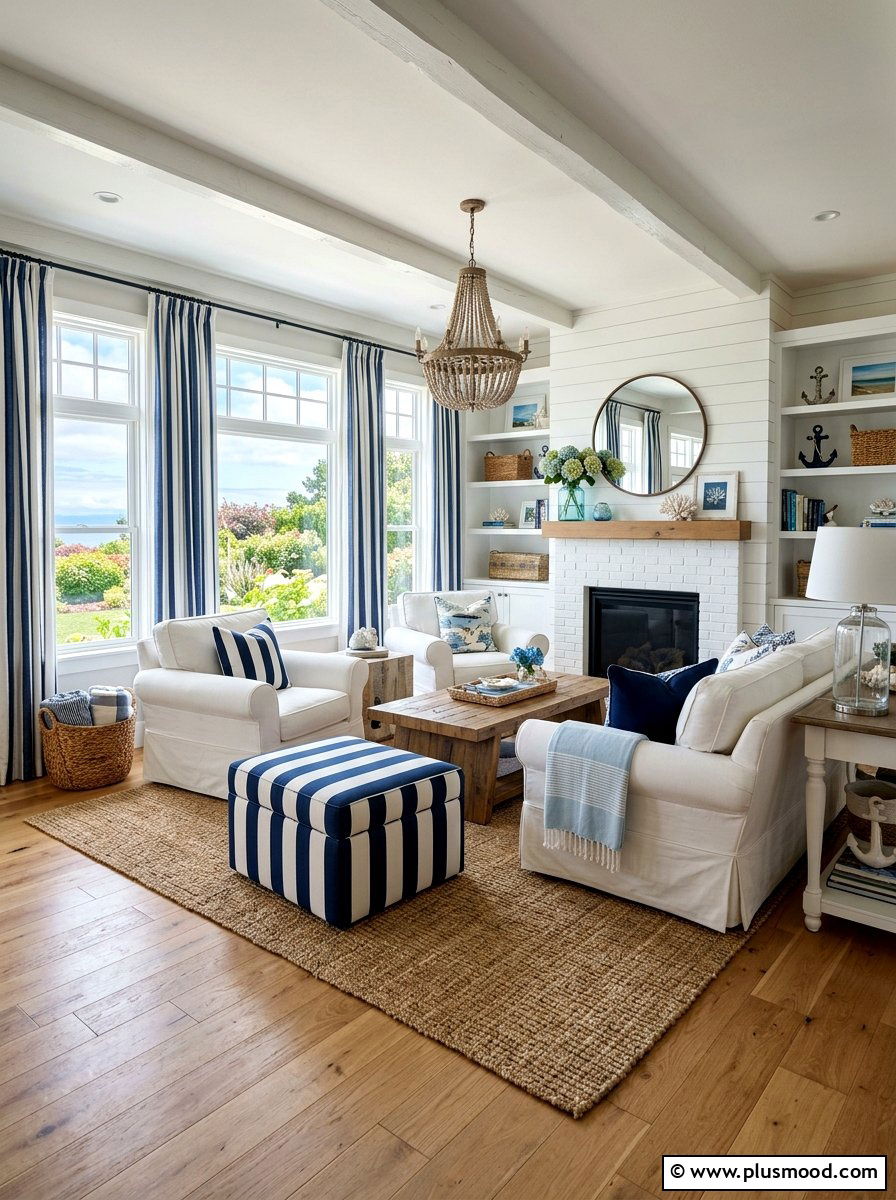 Striped Coastal Farmhouse Decor - 25 summer coastal farmhouse living room ideas