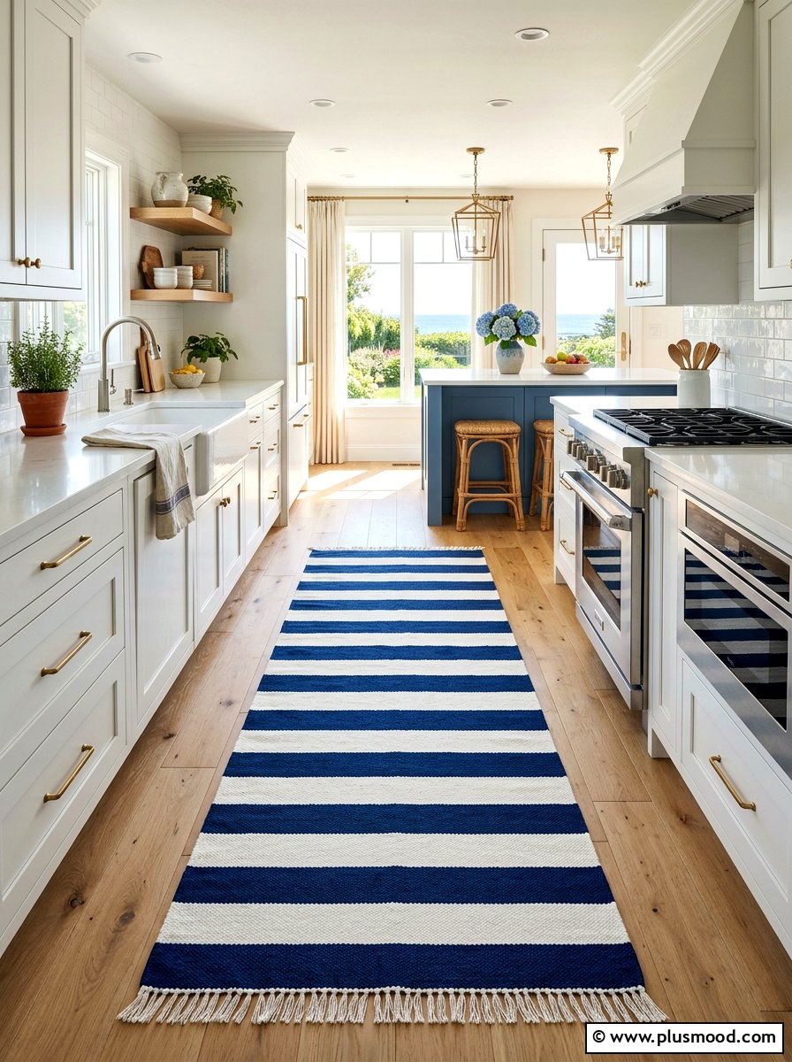 Striped Coastal Kitchen Runner - 25 summer coastal kitchen ideas