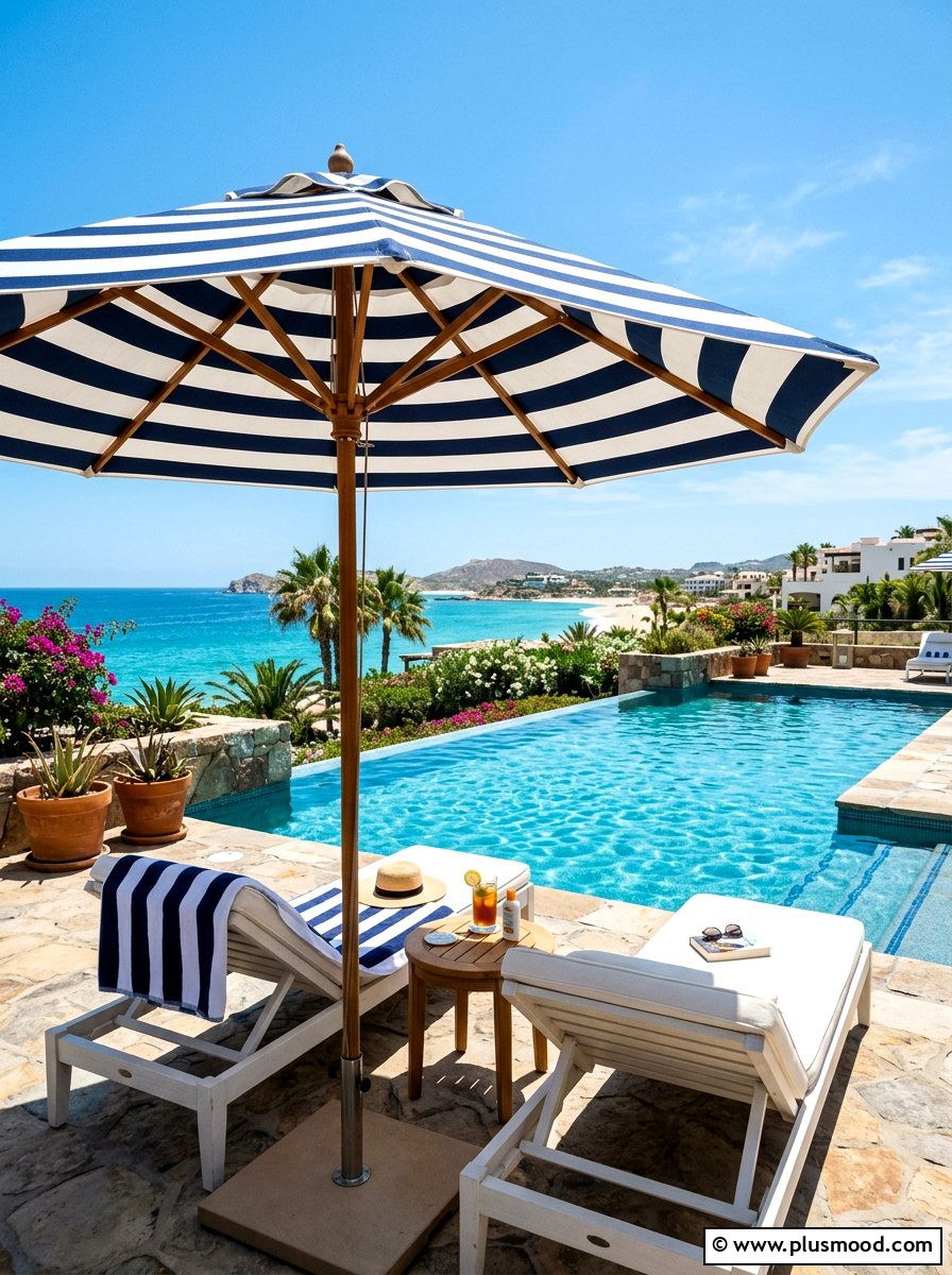 Striped Coastal Outdoor Umbrella - 25 summer coastal decor ideas