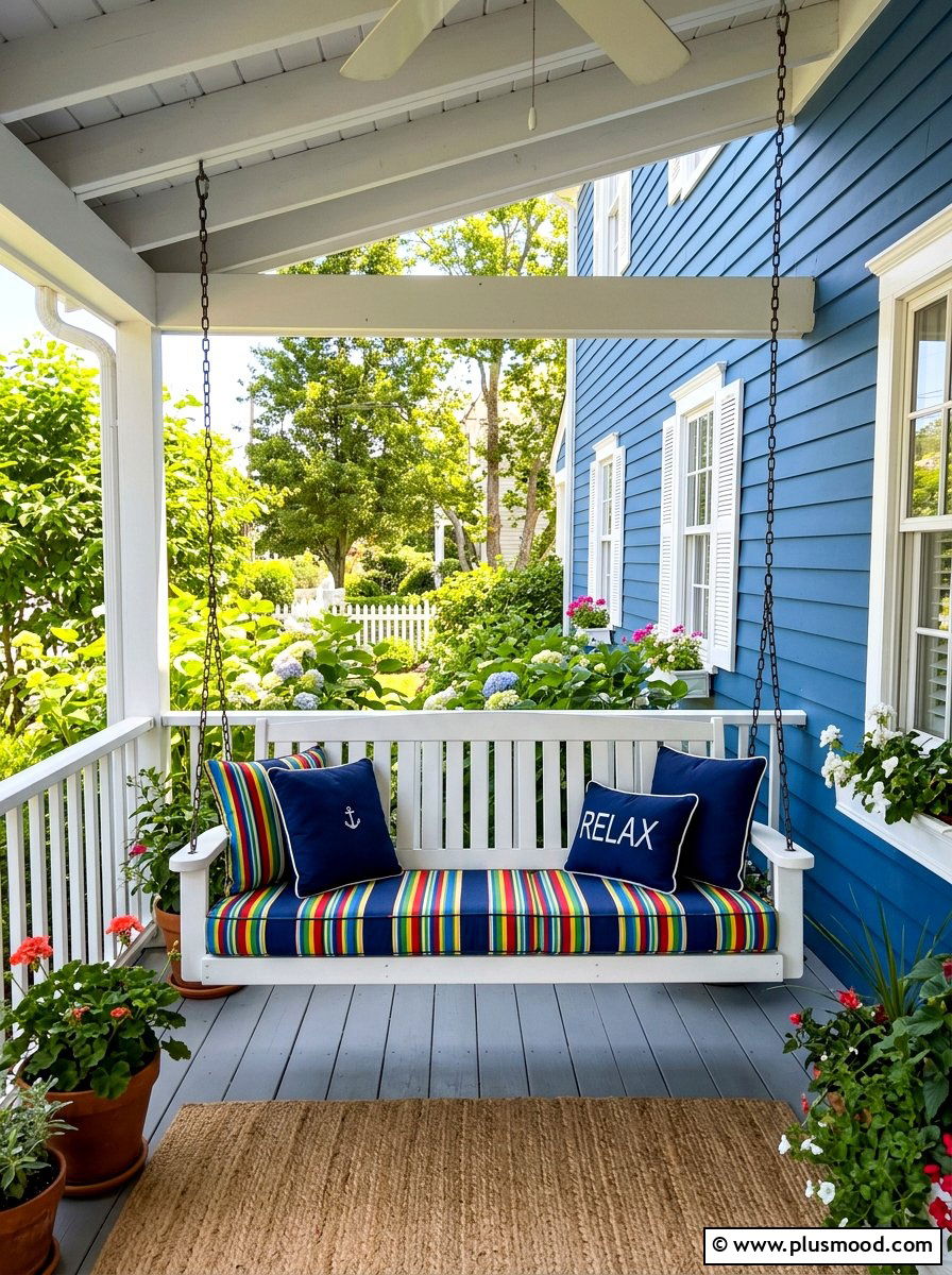 Striped Cushion Porch Swing - 25 summer front porch swing ideas