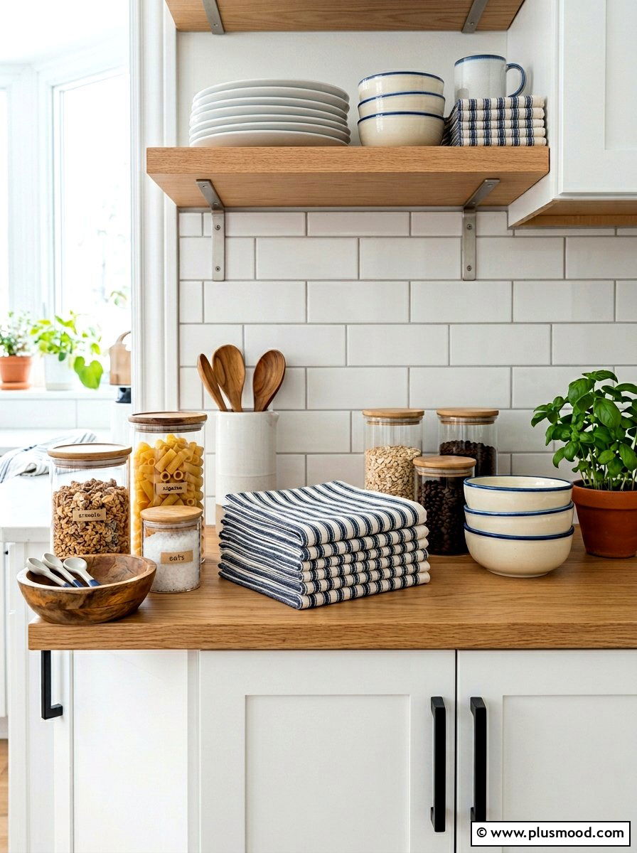Striped Linen Napkins - 25 summer kitchen shelf decor ideas