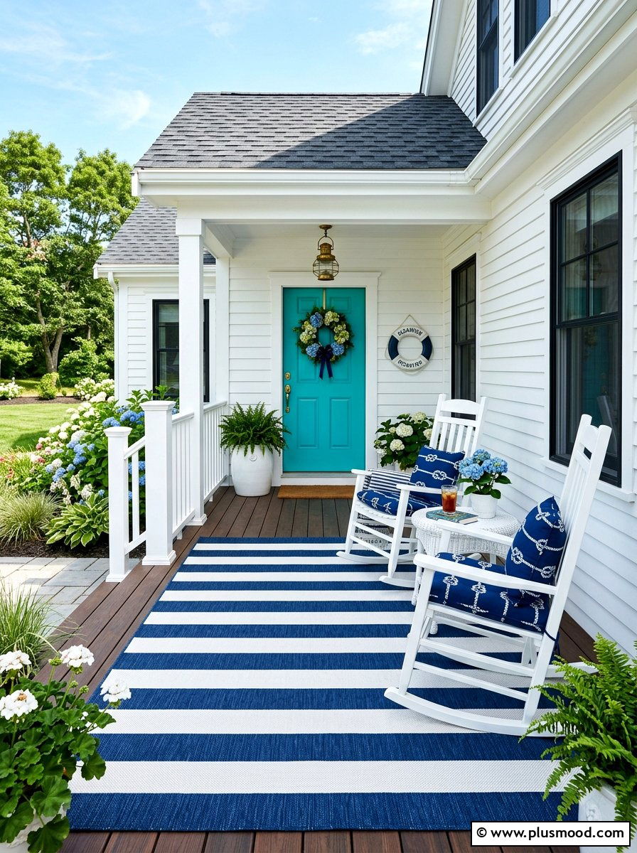 Striped Outdoor Rug - 25 summer coastal curb appeal ideas