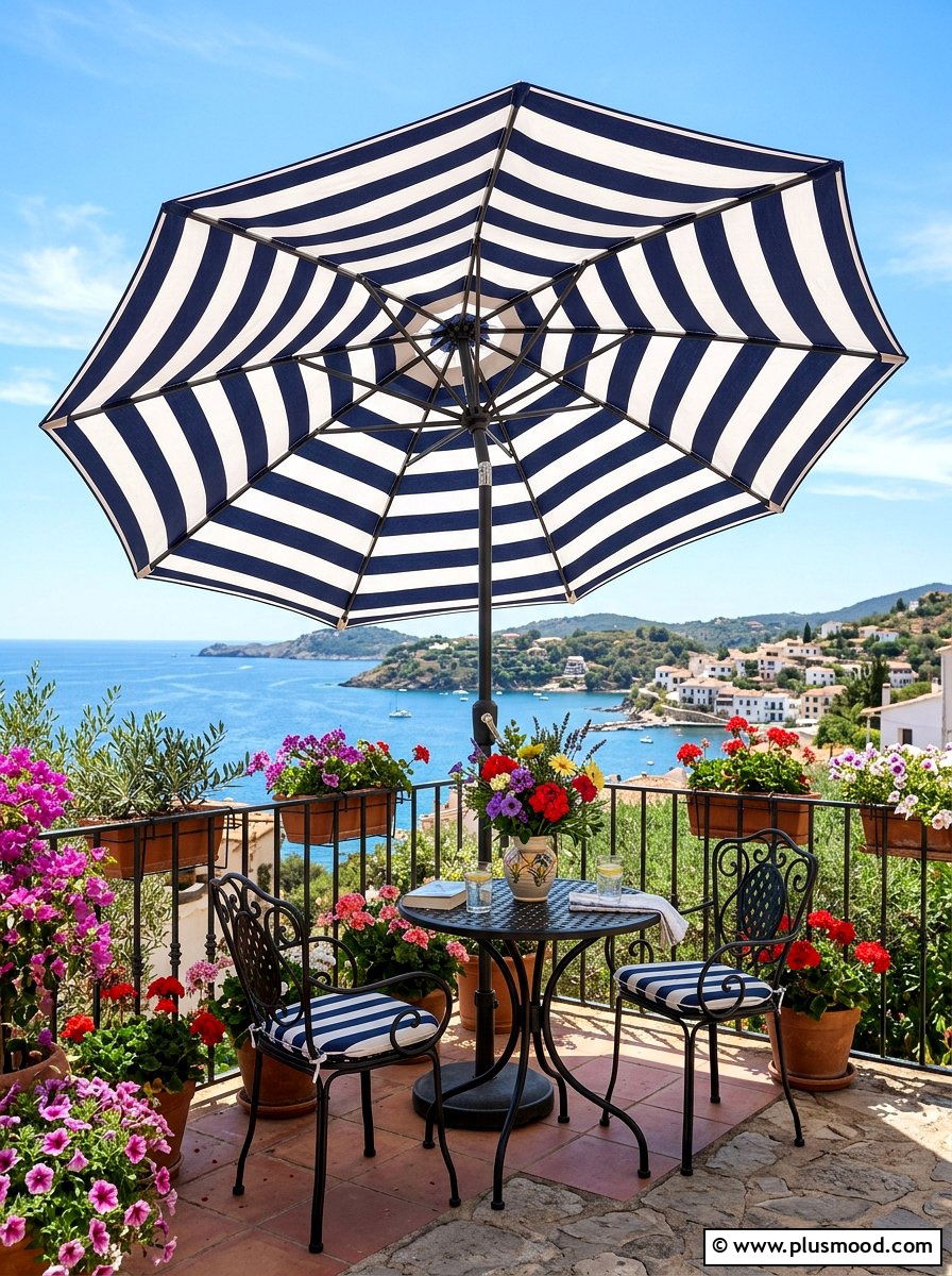 Striped Outdoor Umbrella - 25 summer renter friendly balcony ideas