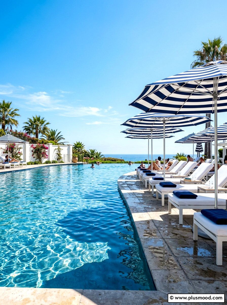 Striped Outdoor Umbrellas - 25 summer coastal pool area ideas
