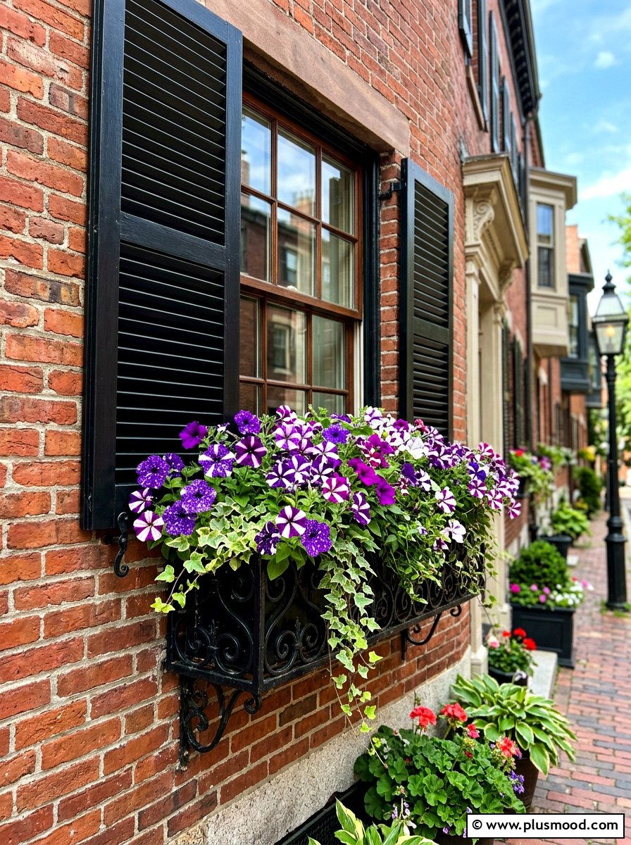 Striped Petunia Window Box - 25 summer planters with petunias ideas