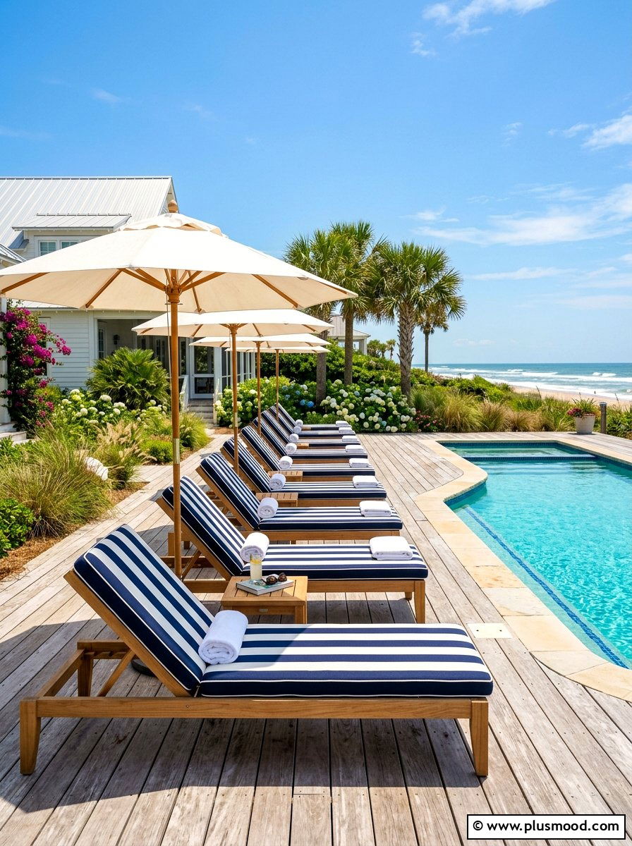 Striped Pool Loungers - 25 summer farmhouse pool area ideas