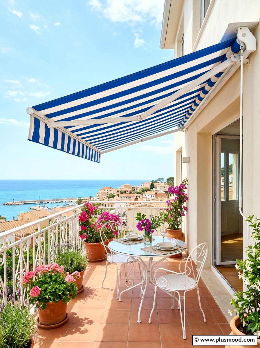 Striped Sun Awning - 25 summer city balcony summer decor ideas