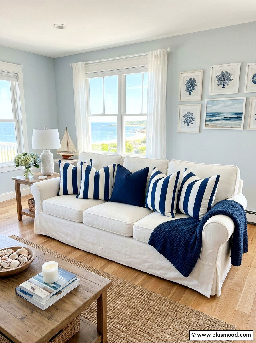 Striped Throw Pillows - 25 coastal summer living room ideas