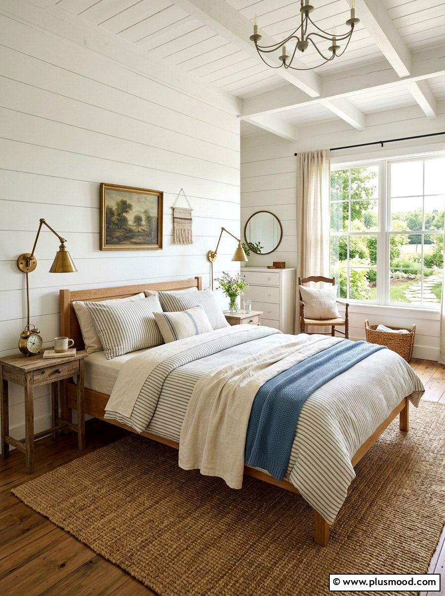 Striped Ticking Stripe Bedding - 25 farmhouse summer bedroom ideas
