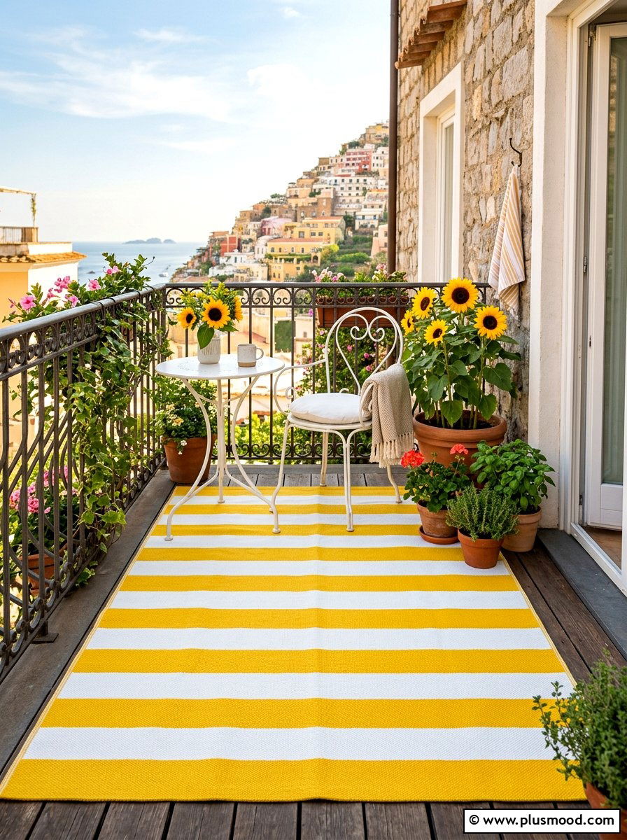 Striped balcony rug - 25 summer balcony ideas on a budget