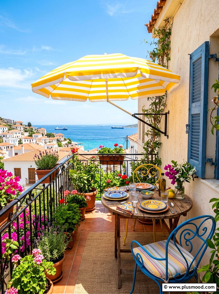 Striped balcony umbrella - 25 summer colorful balcony ideas