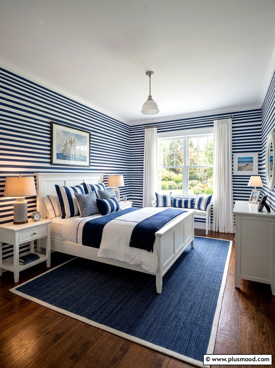 Striped blue and white bedroom - 25 summer white and blue bedroom ideas