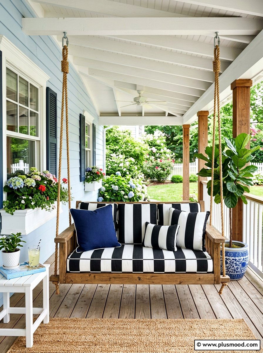 Striped cushion porch swing - 25 summer porch swing curb appeal ideas