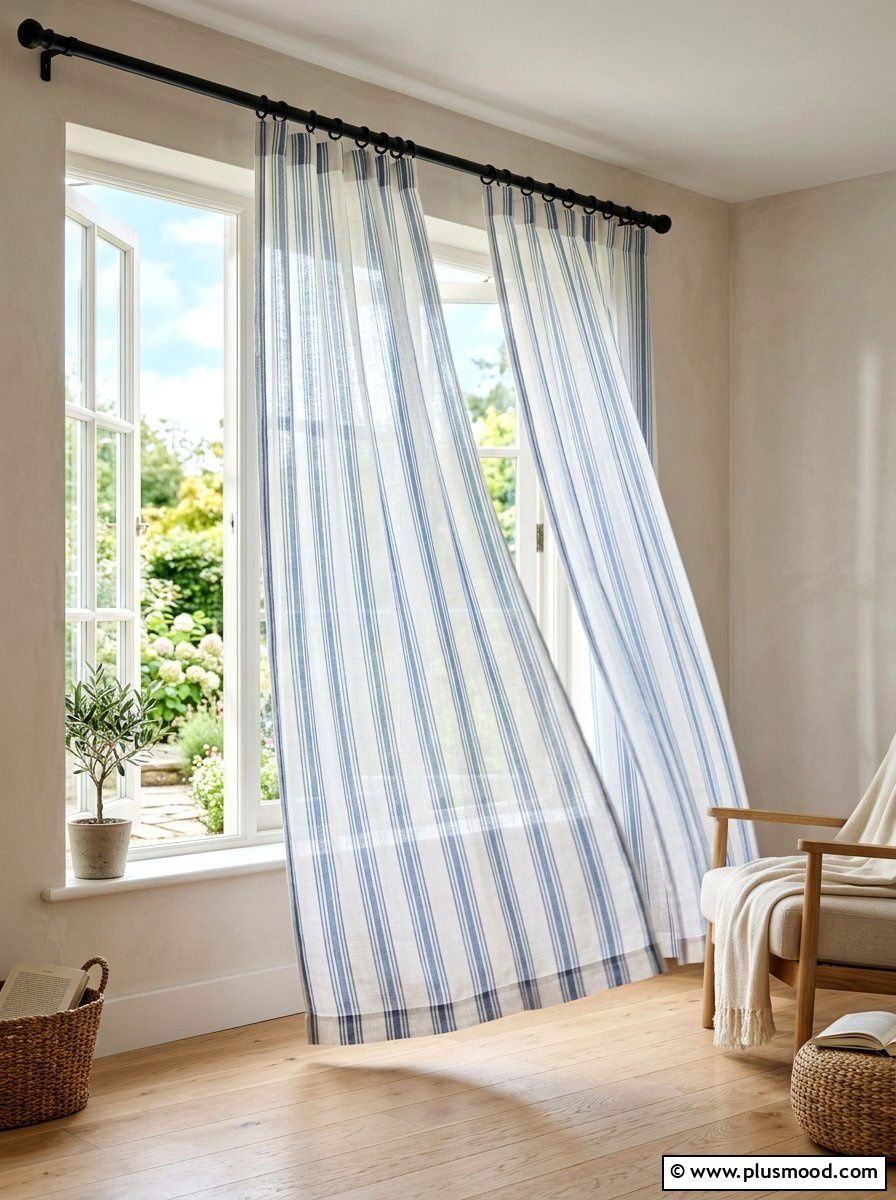 Striped linen window treatment design - 25 summer French country summer decor ideas