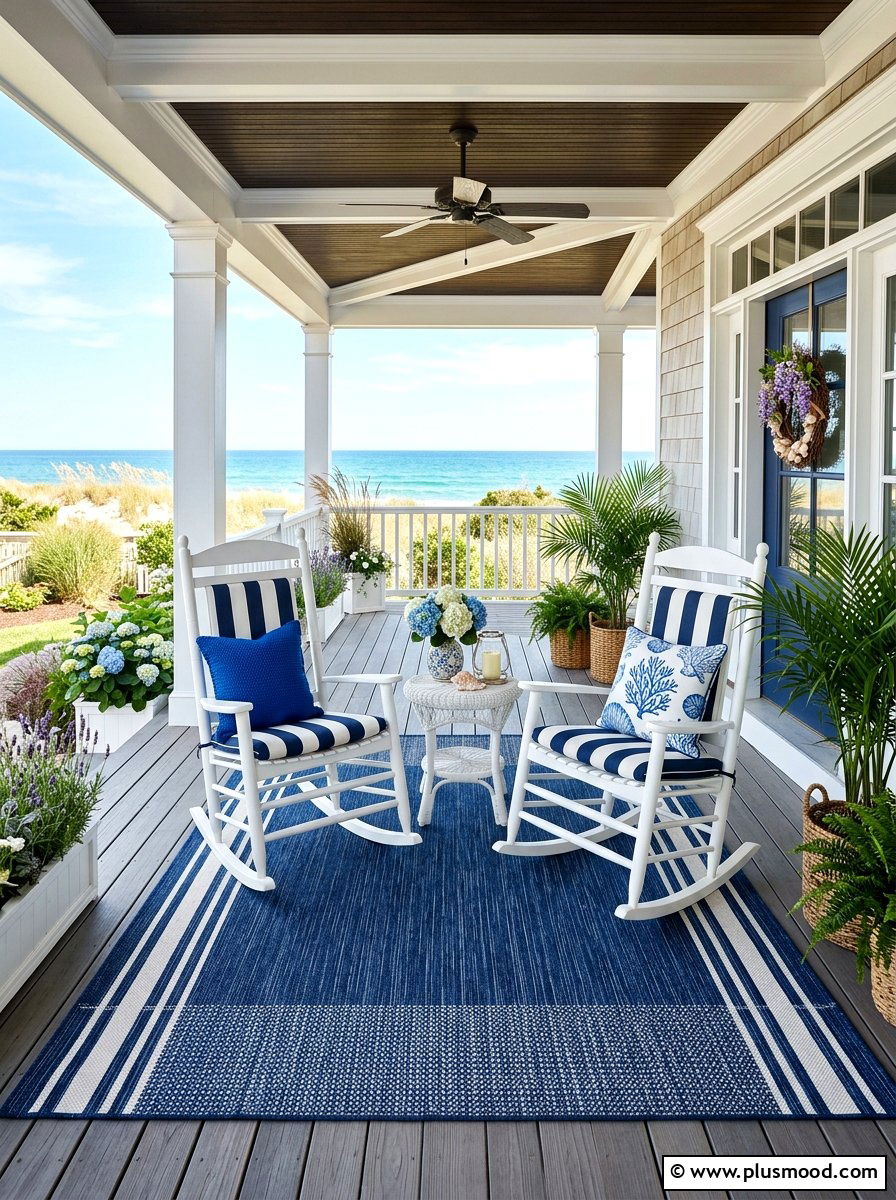 Striped outdoor rug - 25 summer coastal home decor ideas