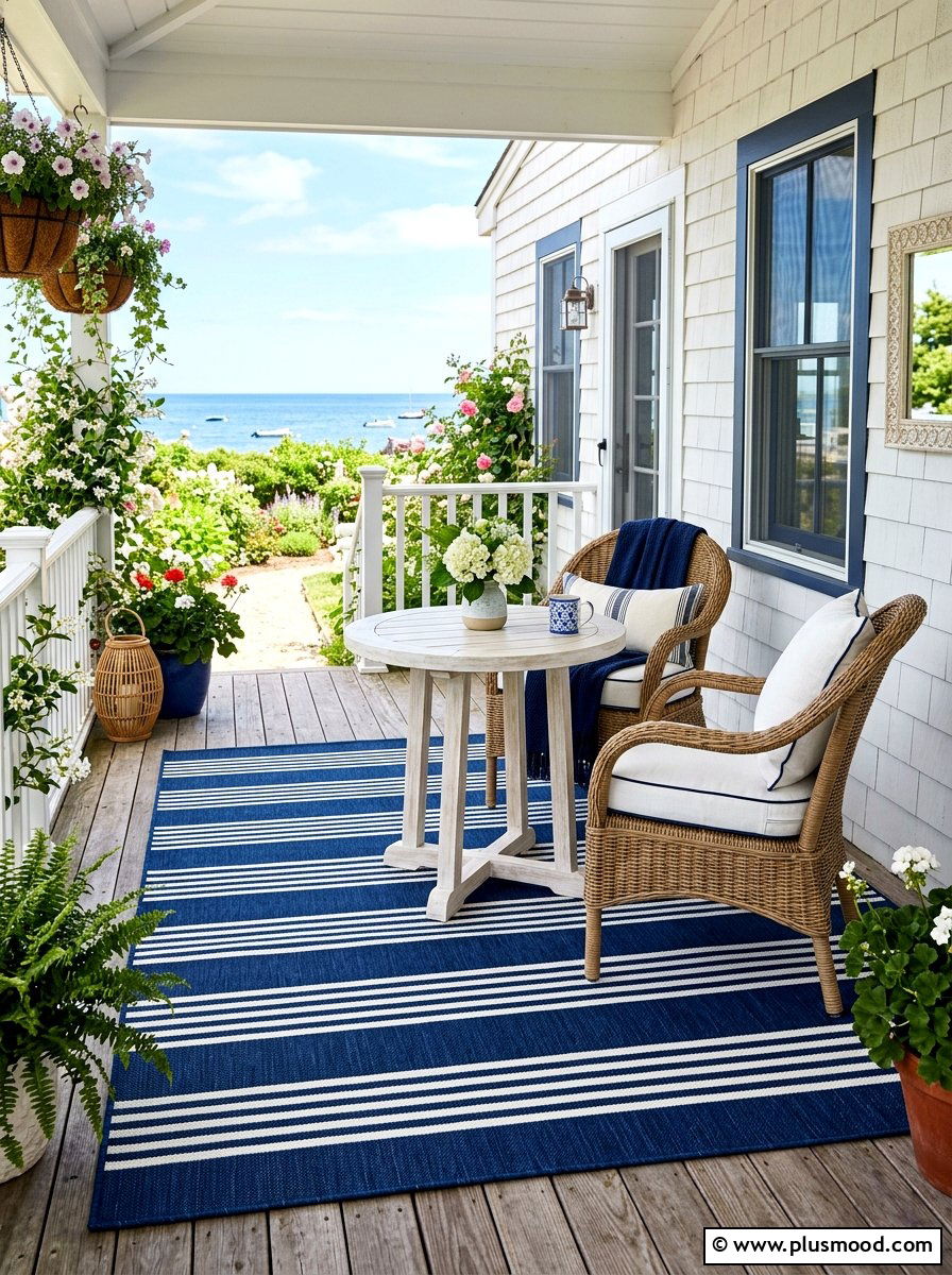 Striped outdoor rug - 25 summer cottage curb appeal ideas