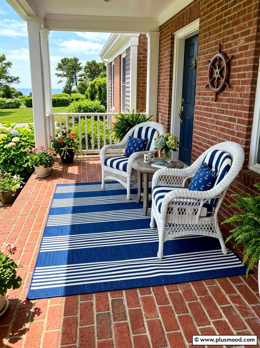 Striped outdoor rug for brick porch - 25 summer front porch decor ideas for brick house