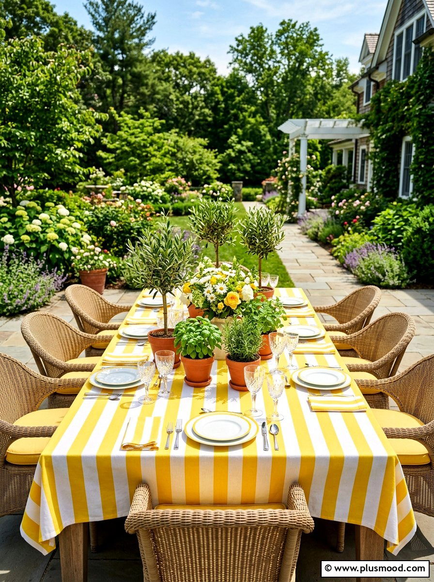 Striped outdoor table linens - 25 summer patio table decor ideas
