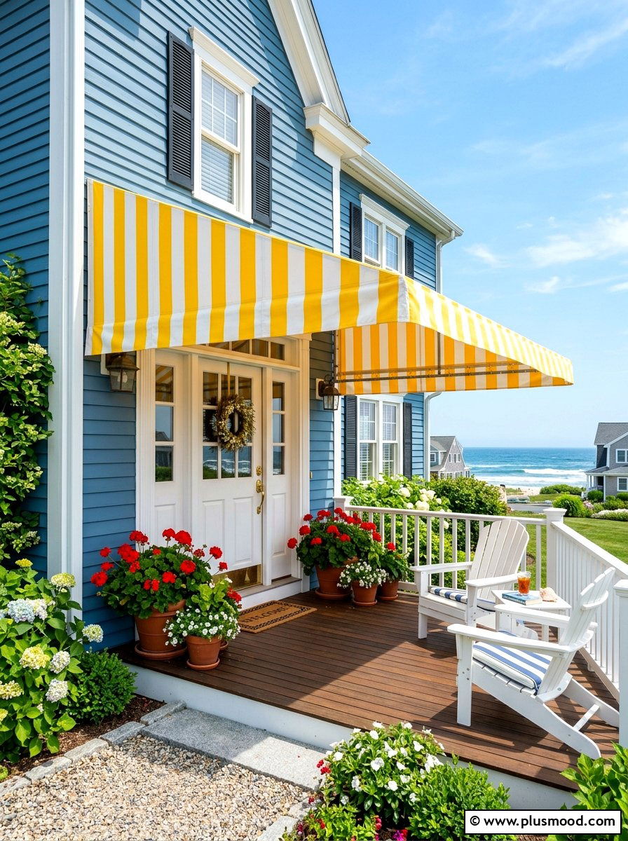 Striped porch awning - 25 summer colorful curb appeal ideas