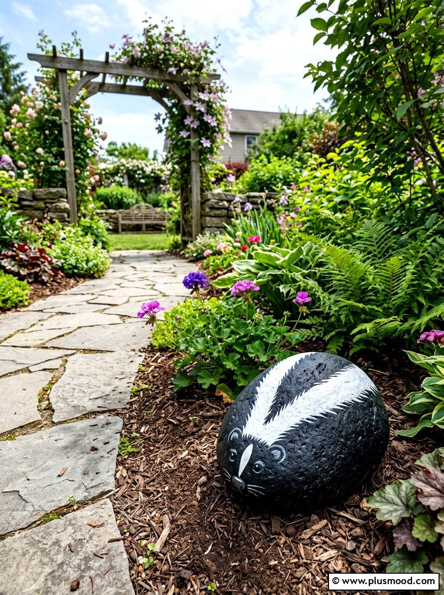 Striped skunk rock - 25 painted rock ideas with forest animals