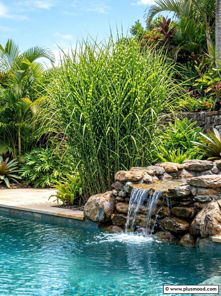 Striped zebra grass for pool - 25 pool landscaping ideas with ornamental grasses