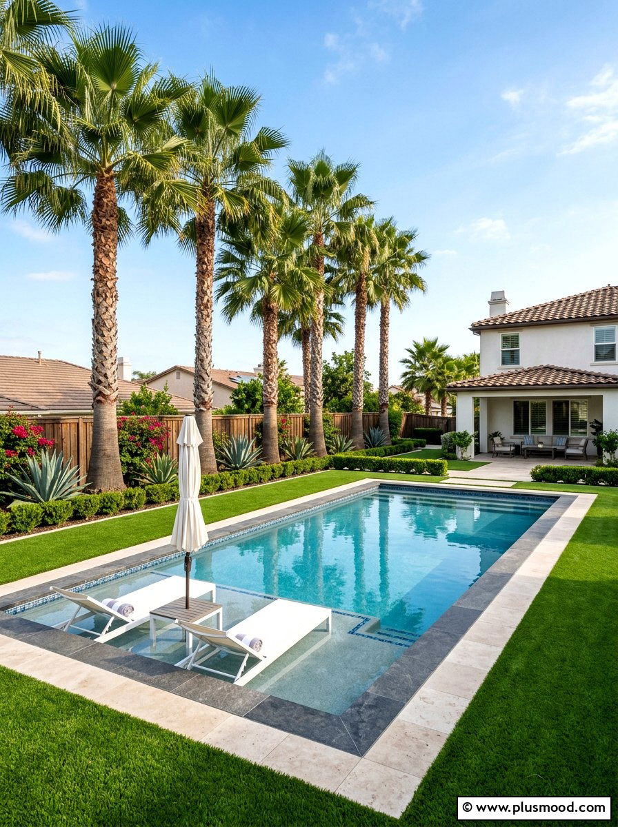Suburban pool backyard with washingtonia palms - 25 pool landscaping ideas with palm trees