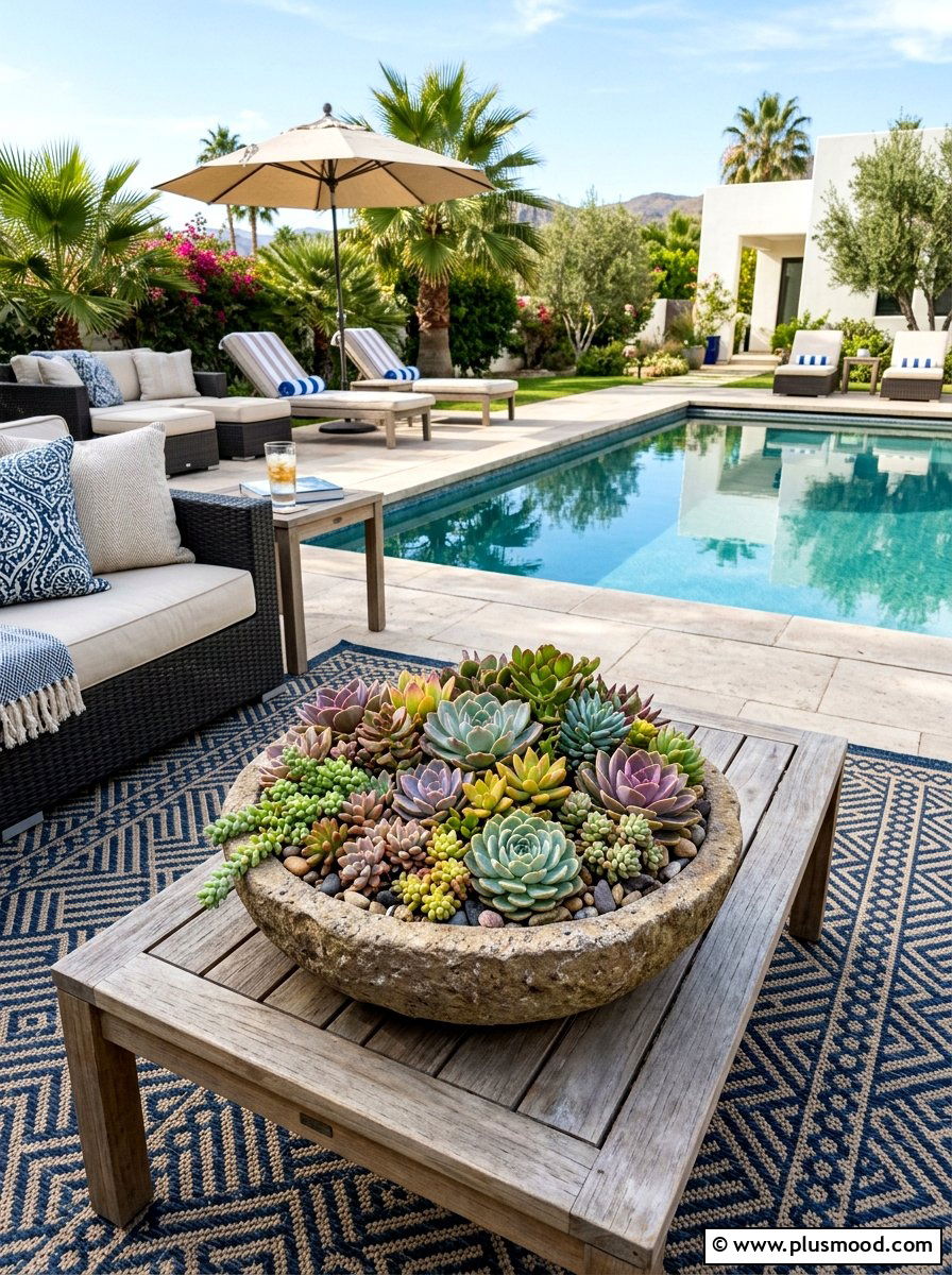 Succulent Arrangement In Low Stone Bowl - 25 pool landscaping ideas with potted plants