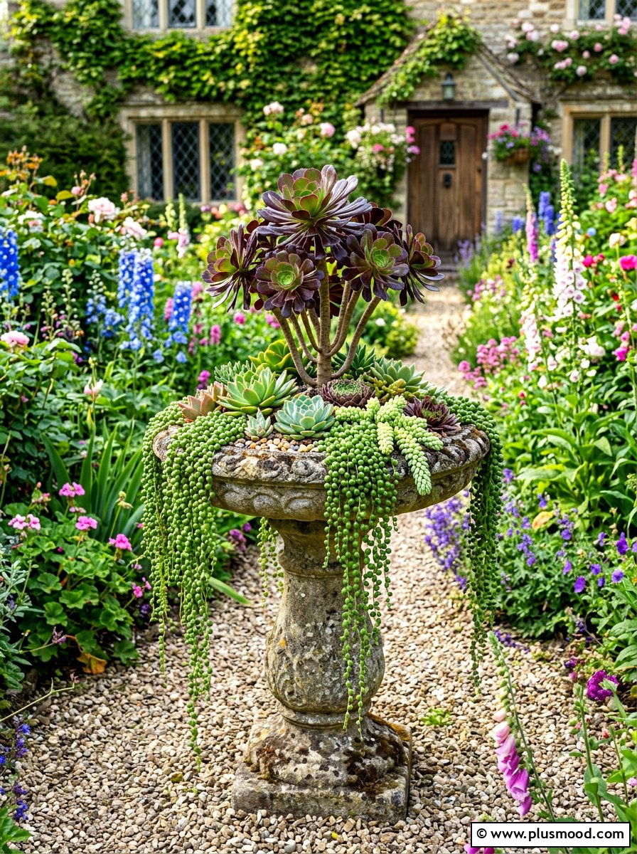 Succulent Bird Bath Planter - 25 summer succulent garden ideas