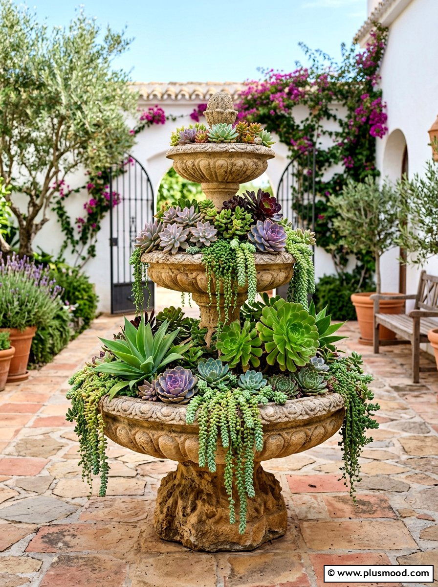 Succulent Fountain Feature - 25 summer succulent garden ideas