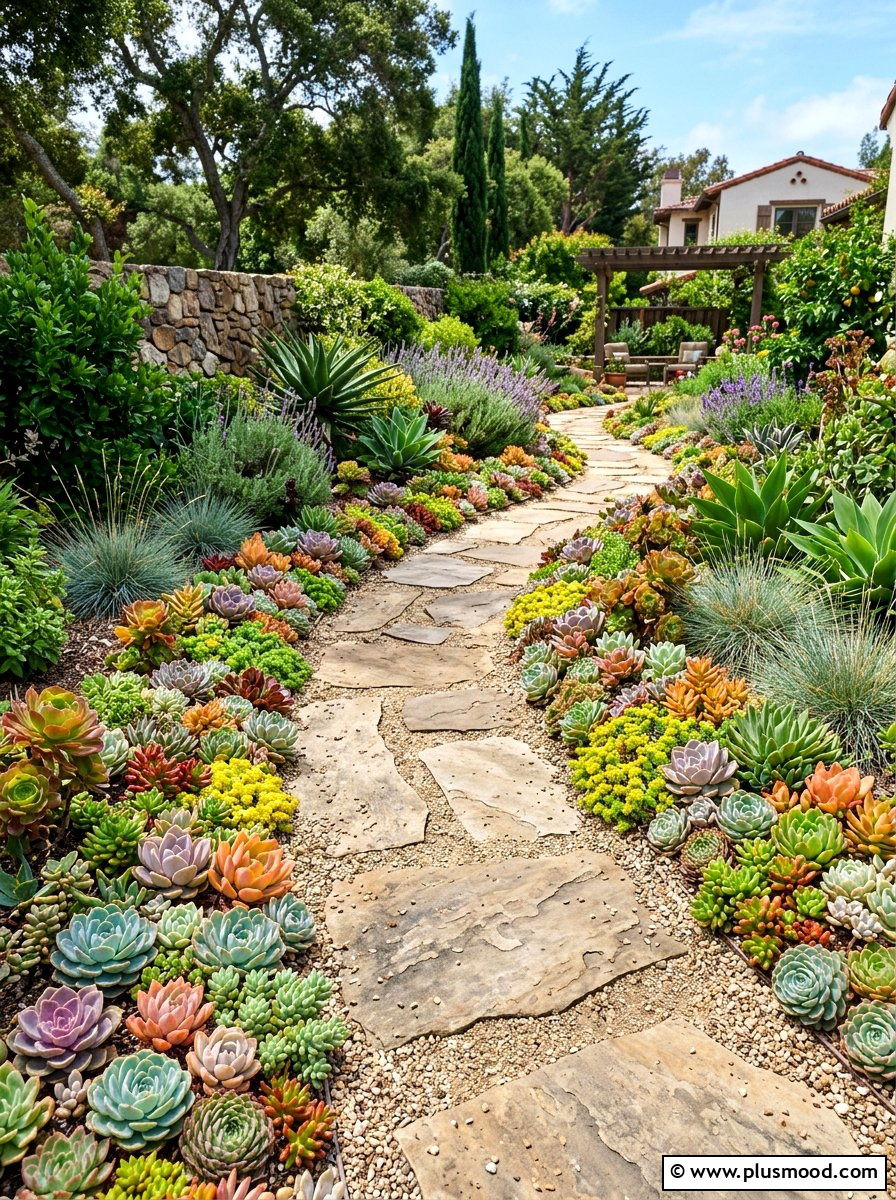 Succulent Garden Border Path - 25 small backyard ideas with succulent garden