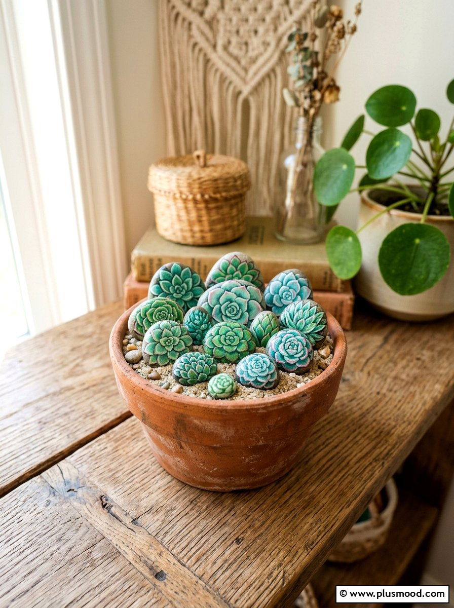 Succulent Plant Painted Rock - 25 painted rock ideas with nature prints