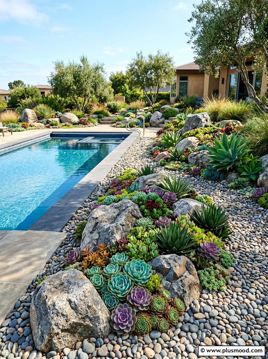 Succulent Pool Garden - 25 pool landscaping ideas with boulders