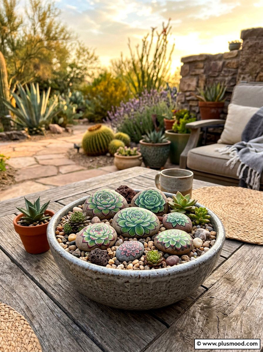 Succulent Rock Garden - 25 painted rock ideas for tabletop display