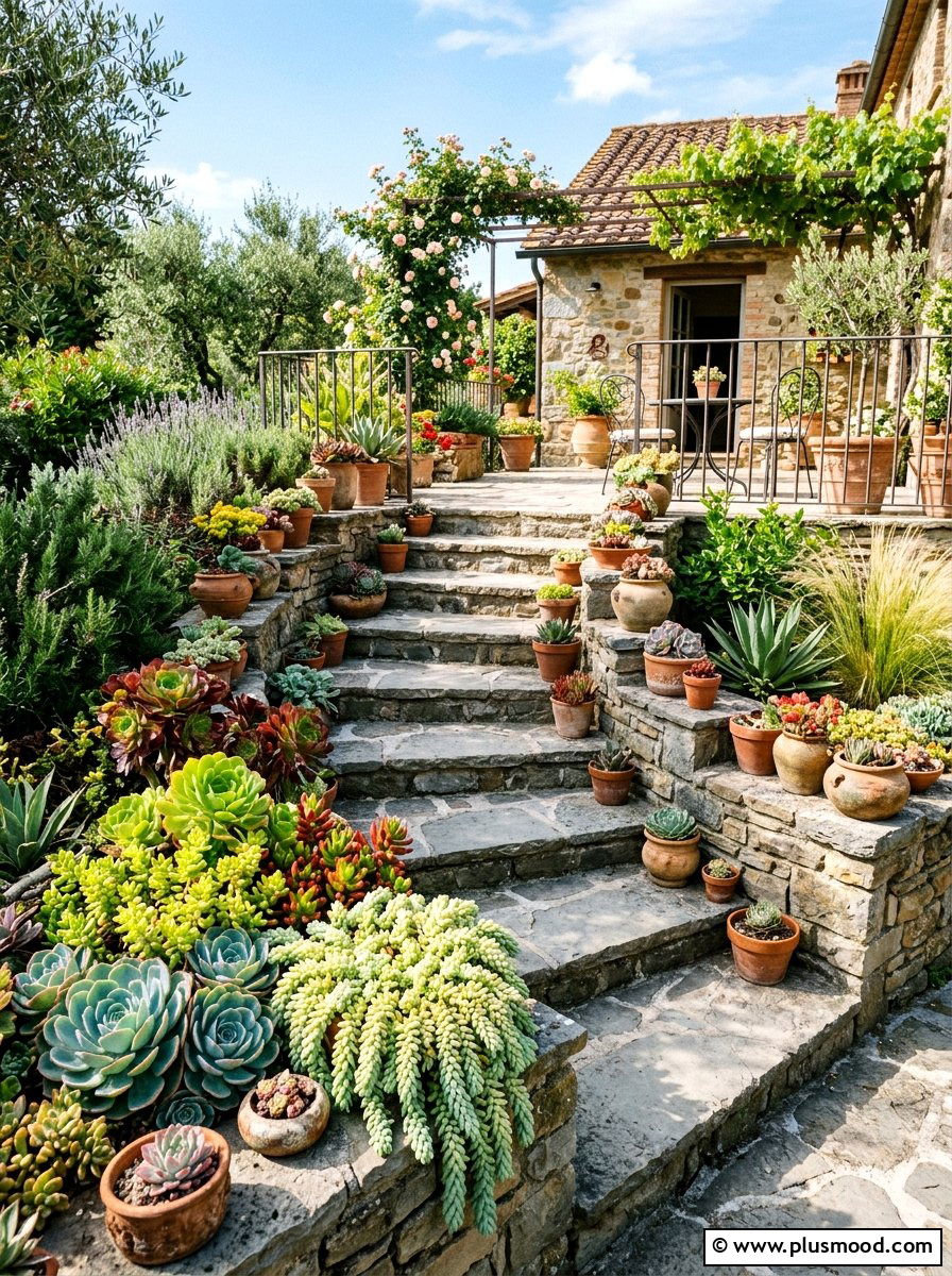Succulent Staircase Landscaping - 25 small backyard ideas with succulent garden