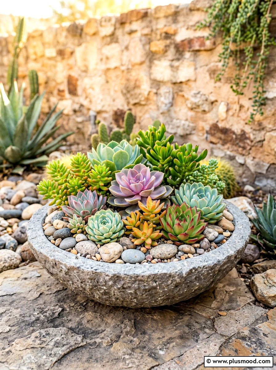 Succulent Stone Bowl - 25 best summer planter ideas