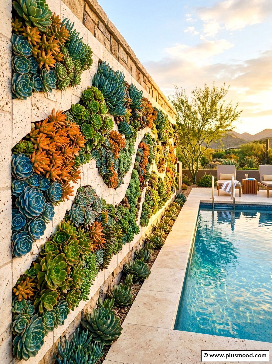 Succulent Wall Near Pool - 25 pool landscaping ideas with vertical garden