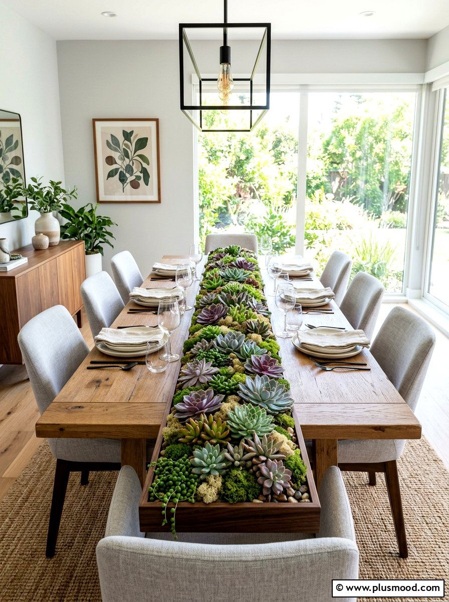 Succulent and Moss Table Runner - 25 summer to fall centerpiece ideas