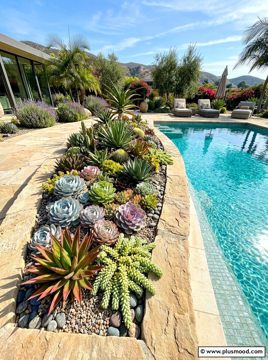 Succulent garden near pool - 25 pool landscaping ideas for inground pools