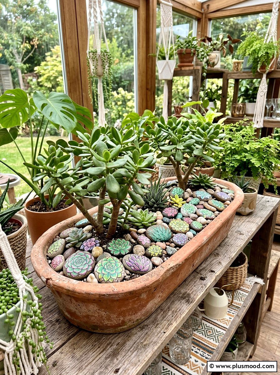 Succulent pattern stone for pot - 25 painted rock ideas for plant pot decoration