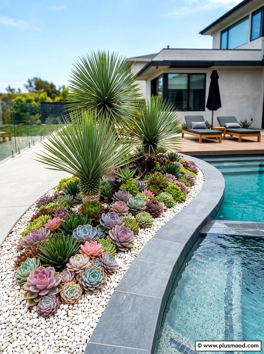 Succulent pool garden bed - 25 pool landscaping ideas with curved planters