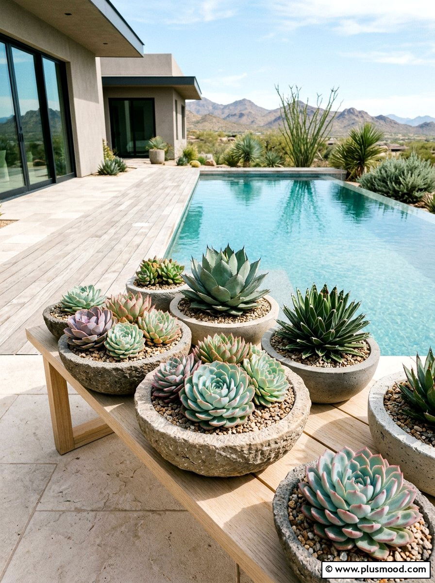 Succulent pot display - 25 pool landscaping ideas for rooftop pools