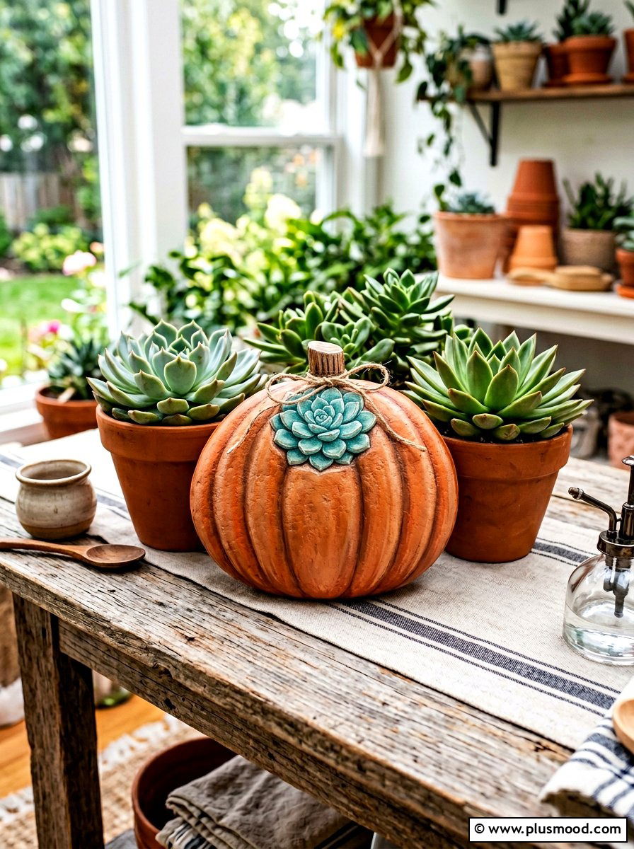 Succulent pumpkin rock painting - 25 painted rock ideas with pumpkin art