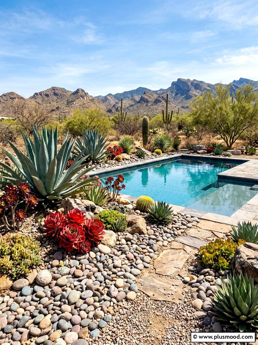 Succulent rock garden pool - 25 pool landscaping ideas with flower beds