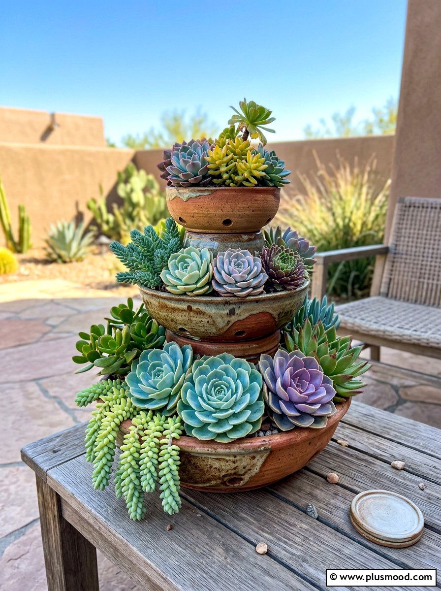 Succulent tiered pot garden - 25 summer stacked planter ideas