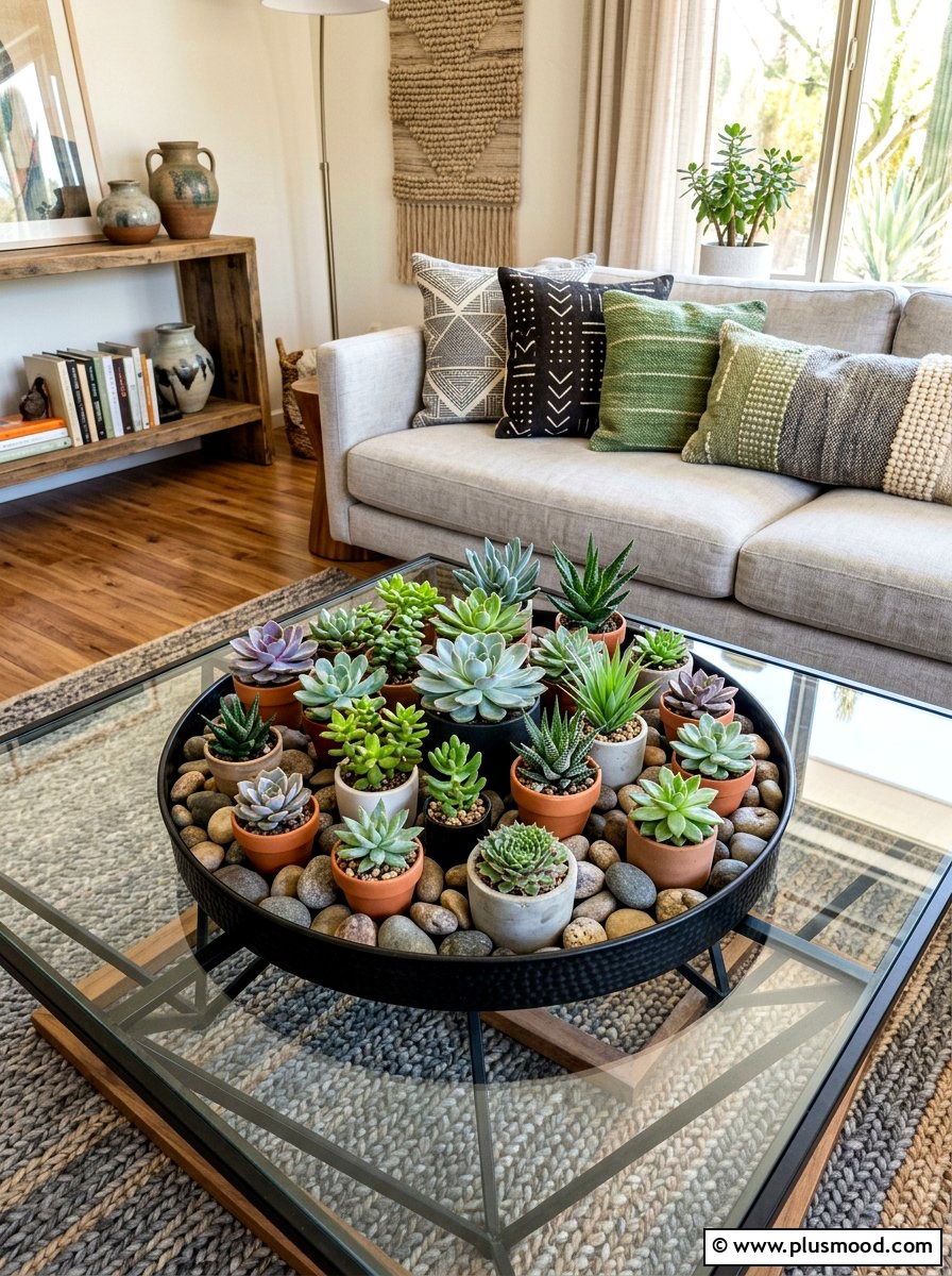 Succulent tray arrangement - 25 summer tray decor ideas for living room