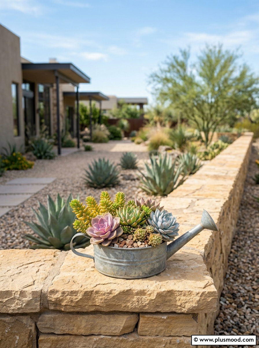 Succulent watering can garden - 25 outdoor garden decor ideas with watering cans