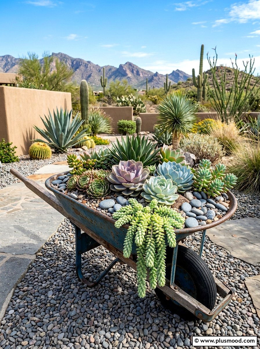 Succulent wheelbarrow arrangement - 25 outdoor garden decor ideas with wheelbarrow planter